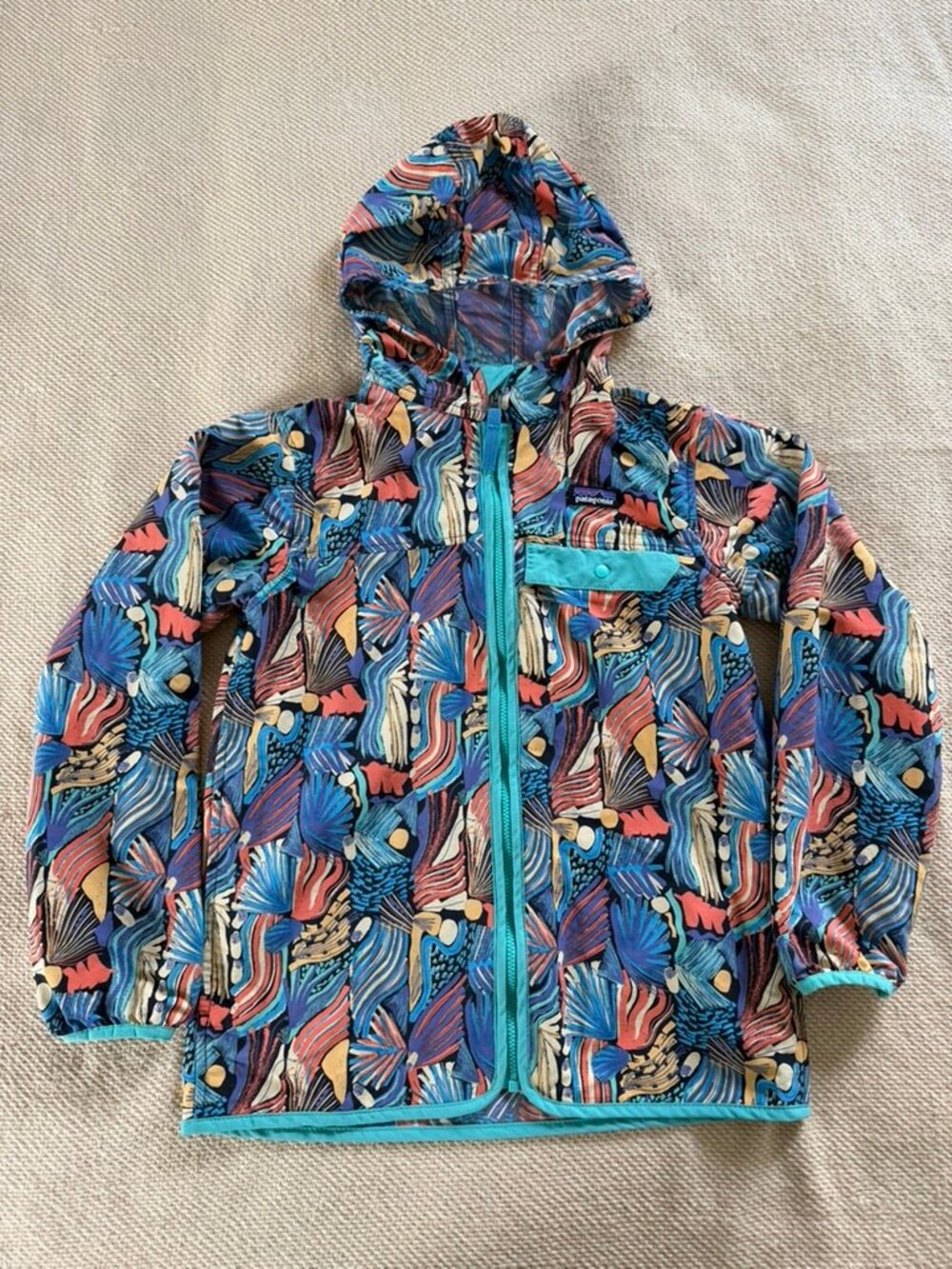 Patagonia Kids Hooded Jacket M 10 Multicolor Print Recycled Nylon Excellent
